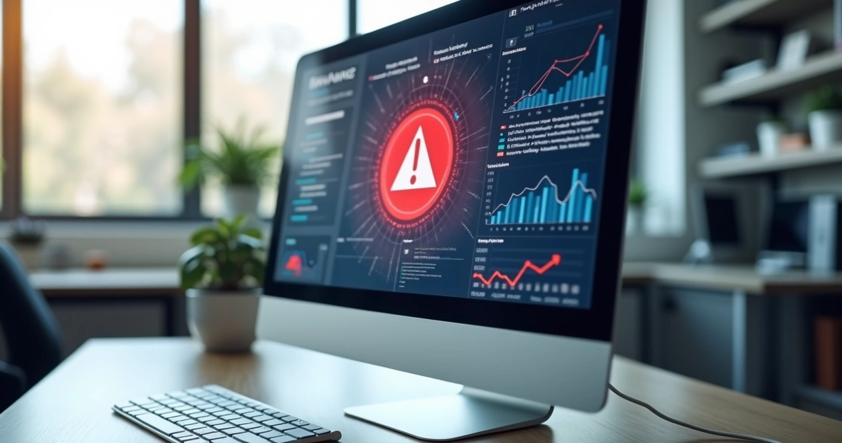 Currículo digital destacado na tela de computador com ícone de alerta vermelho e gráficos de análise ao fundo