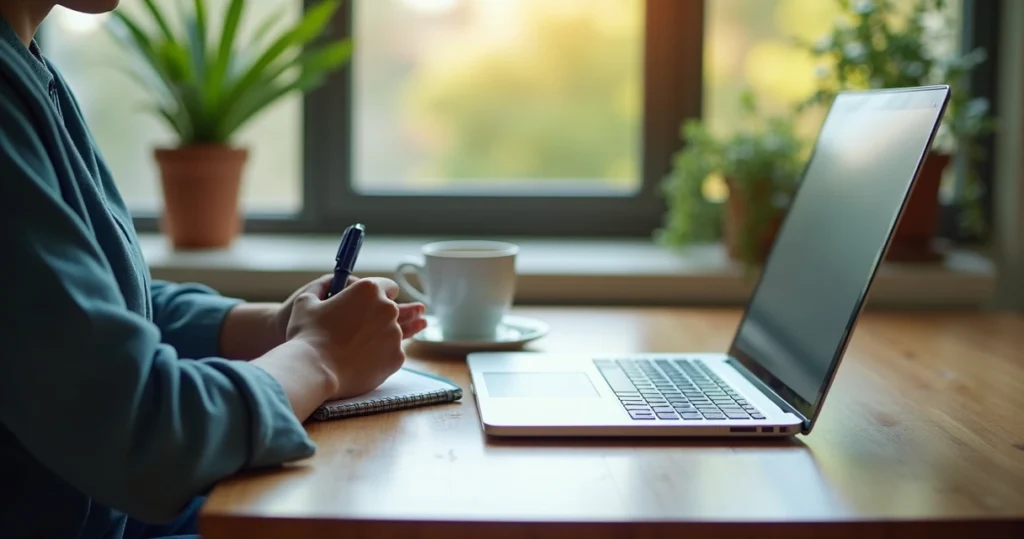 Pessoa em videoconferência mentoria online para entrevista com laptop em mesa organizada