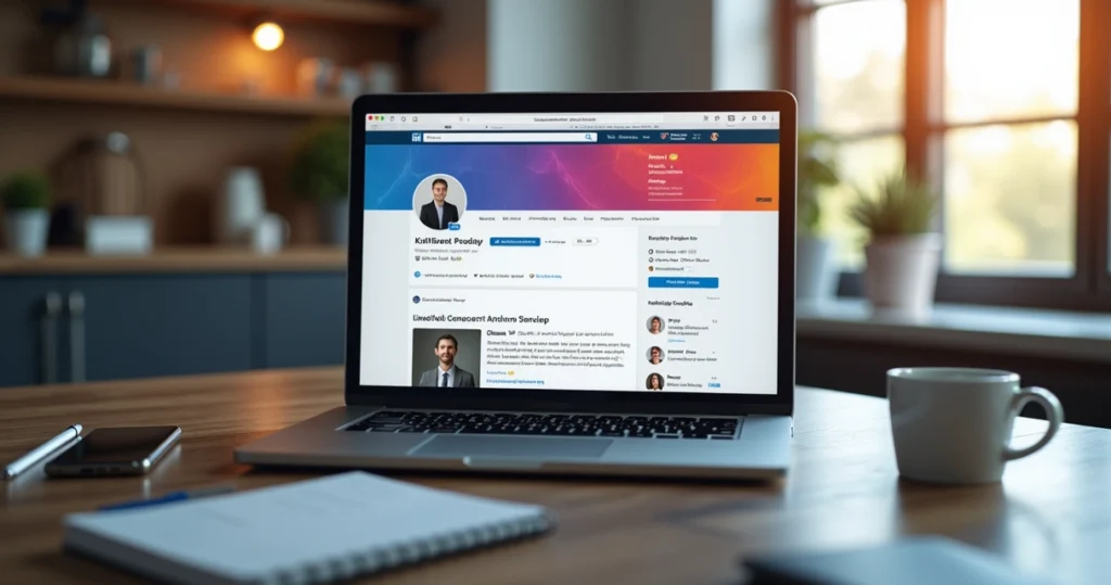 Computador mostrando perfil profissional no LinkedIn com foto, resumo, e conexões