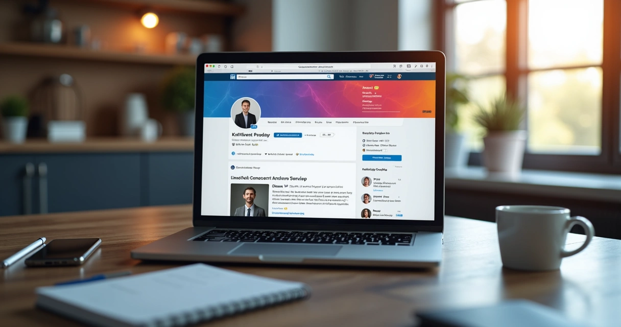 Computador mostrando perfil profissional no LinkedIn com foto, resumo, e conexões