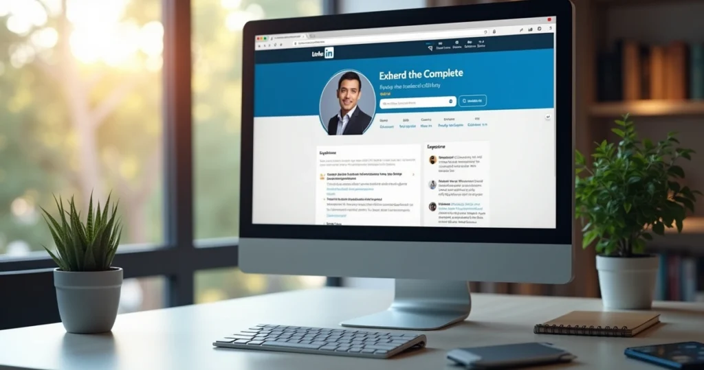Computador aberto na página do LinkedIn com perfil profissional detalhado e atrativo