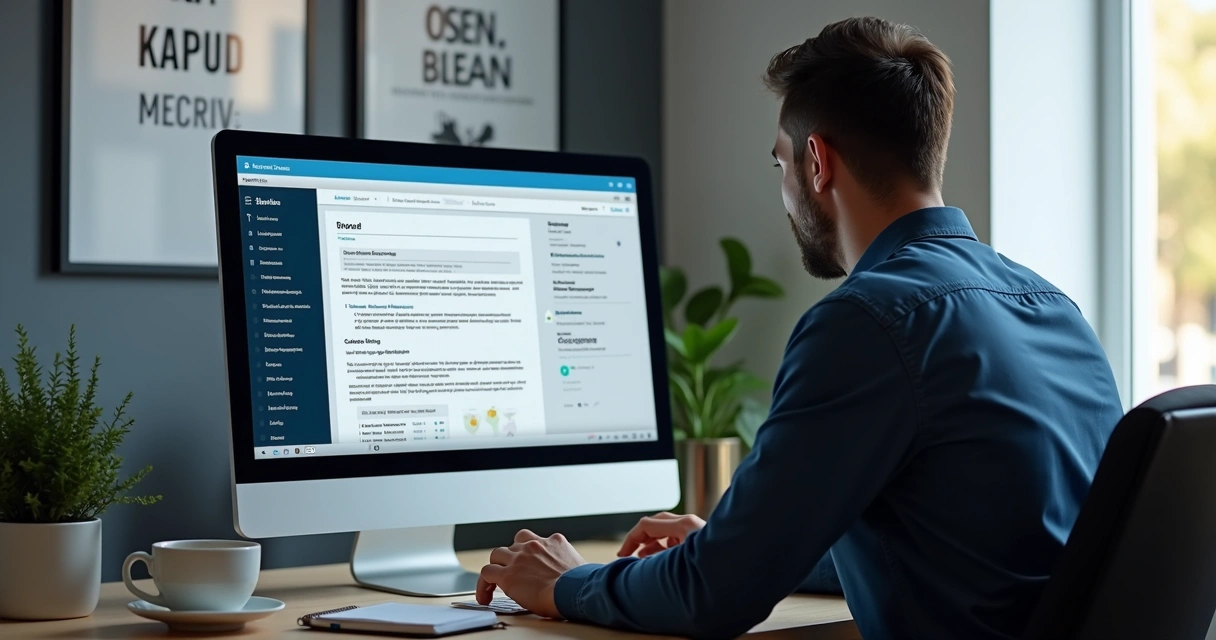 Profissional analisando currículo digital em tela de computador com gráficos e notas de avaliação